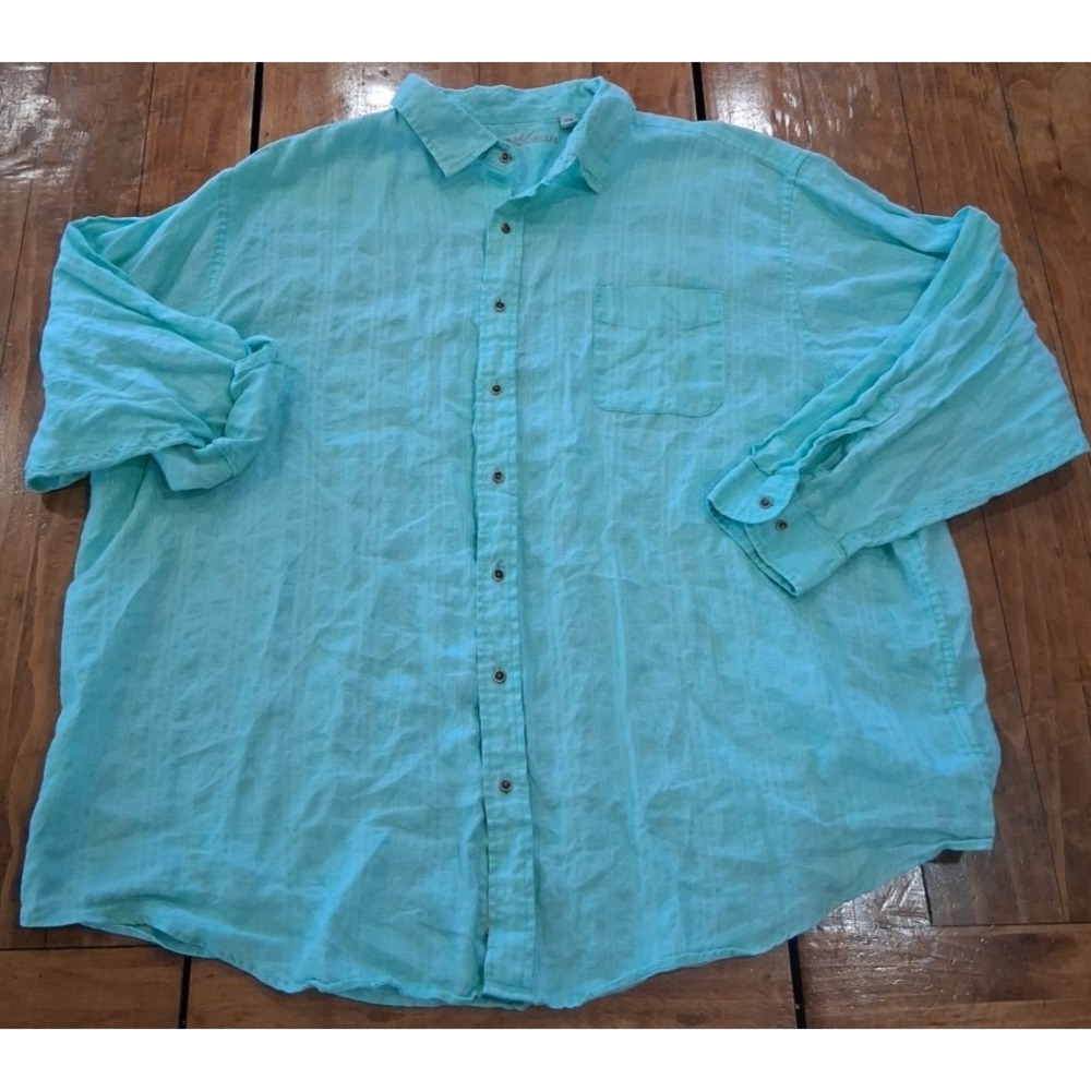 Caribbean Shirt Men 4XB Green Plaid Long Sleeve Button Linen Blend Preppy Beach